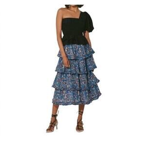 Cleobella Lana Tiered Midi Skirt High Waist Floral In Lazuli Ruffled Small